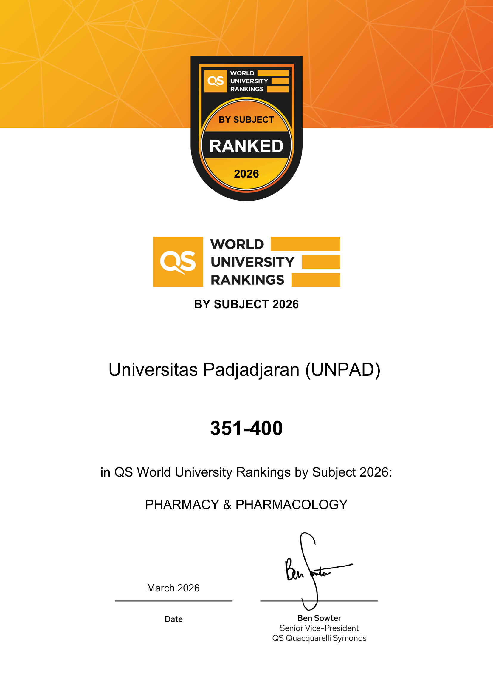 QS World University Rankings 2026 - Pharmacy & Pharmacology Universitas Padjadjaran